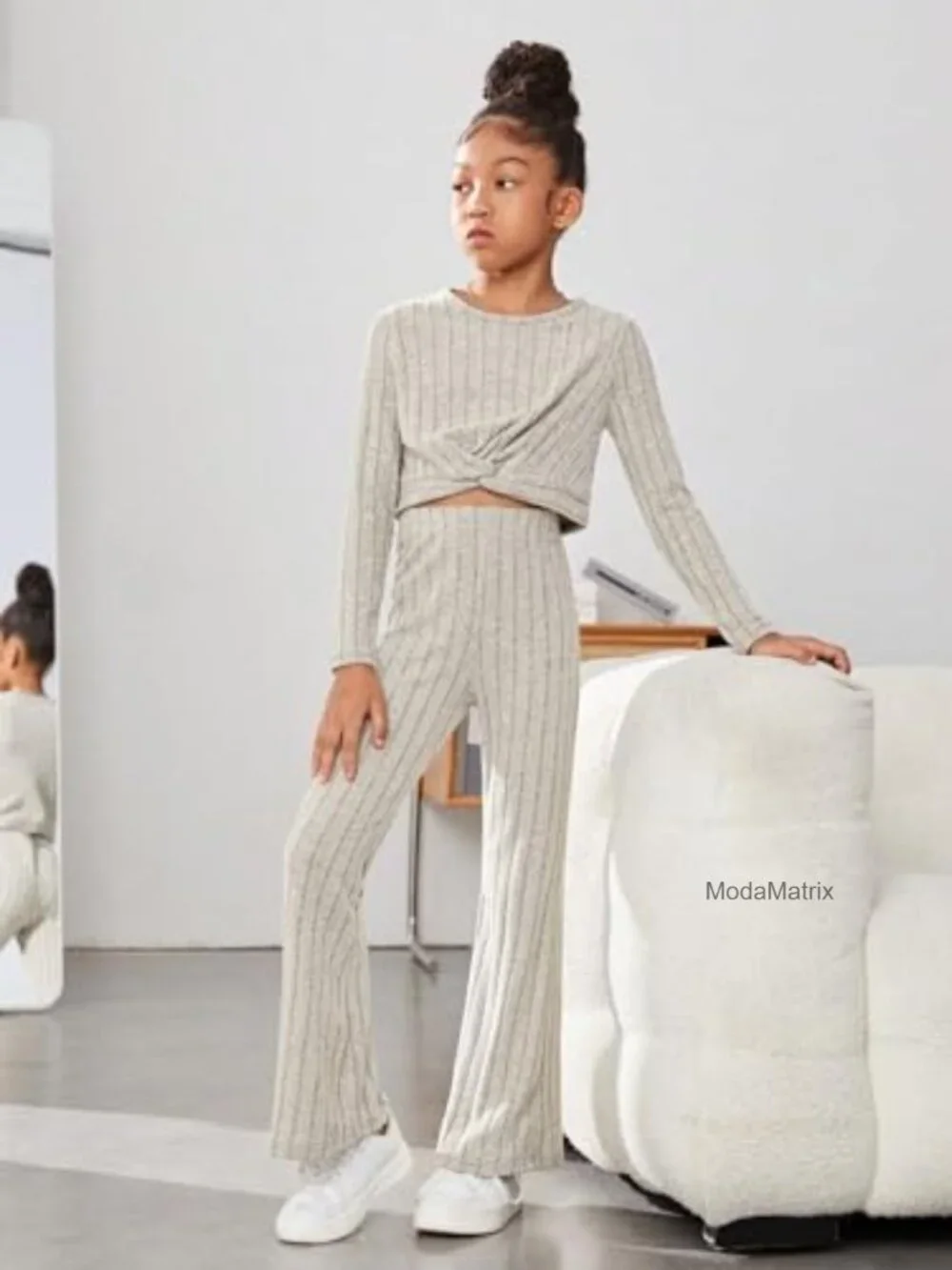 2pc Ribbed Knit Crewneck Tee & Flare Leg Pants Set